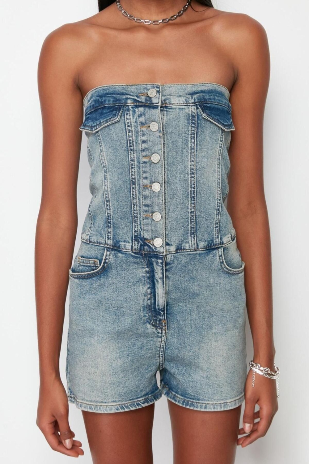 Kadın Moda Standart Kol Dar Paça Straplez Düz Desen Regular Dikiş Detaylı Denim Tulum
