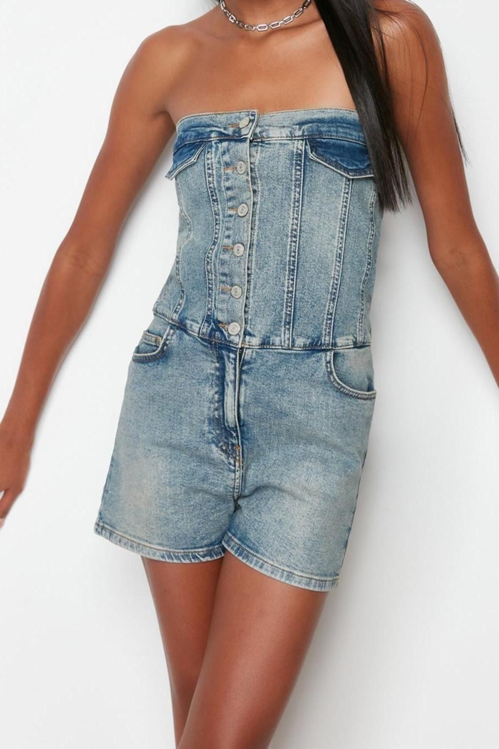 Kadın Moda Standart Kol Dar Paça Straplez Düz Desen Regular Dikiş Detaylı Denim Tulum