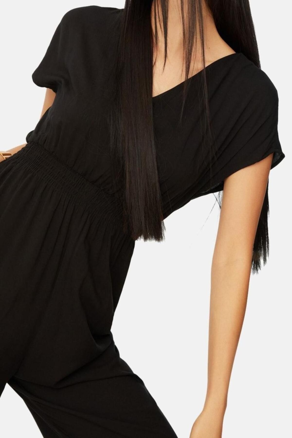 Kadın Moda Standart Kol Geniş Paça V Yaka Düz Desen Uzun Gipe Detaylı Geniş Paça Dokuma Tulum