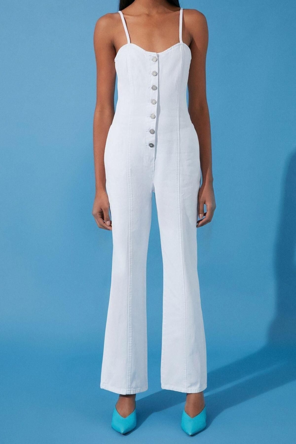 Kadın Moda İnce Askılı Boru Paça V Yaka Düz Desen Uzun Askılı Kalp Yaka Wide Leg Denim Tulum