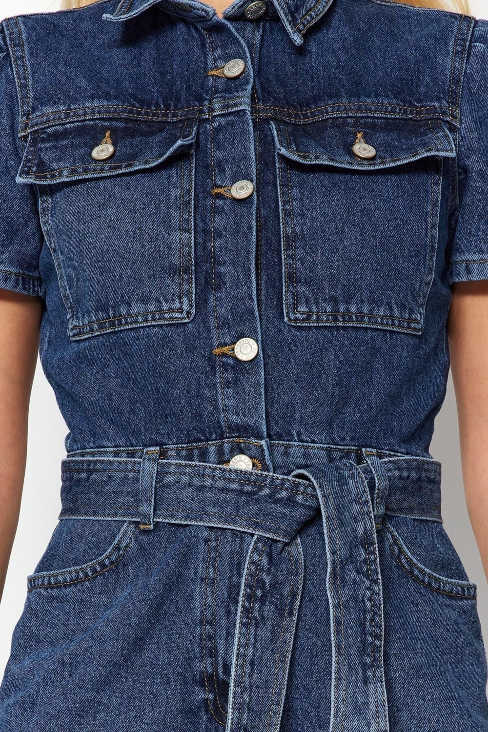Kadın Moda Standart Kol Boru Paça Ceket Yaka Düz Desen Uzun Kemerli Denim Tulum