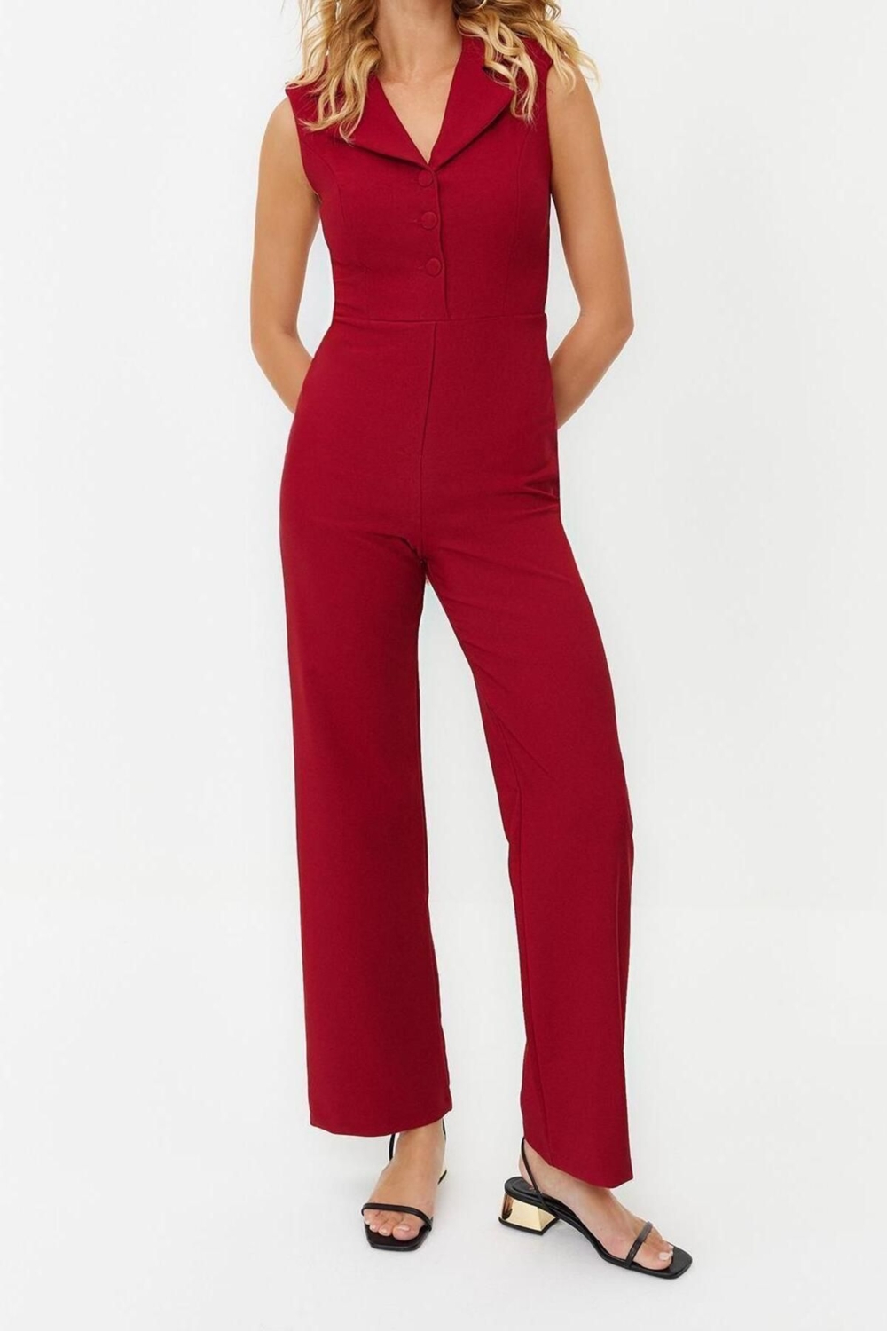 Kadın Moda Standart Kol Geniş Paça Ceket Yaka Düz Desen Uzun Ceket Yakalı Düğme Detaylı Dokuma Tulum