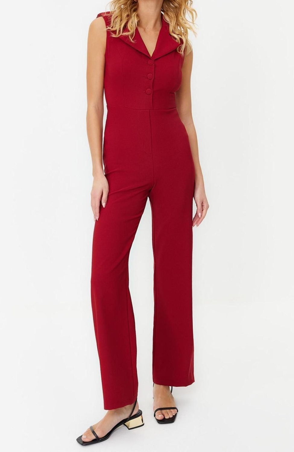 Kadın Moda Standart Kol Geniş Paça Ceket Yaka Düz Desen Uzun Ceket Yakalı Düğme Detaylı Dokuma Tulum