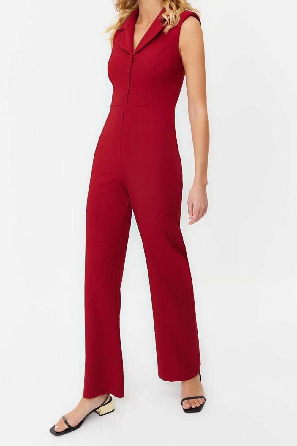 Kadın Moda Standart Kol Geniş Paça Ceket Yaka Düz Desen Uzun Ceket Yakalı Düğme Detaylı Dokuma Tulum