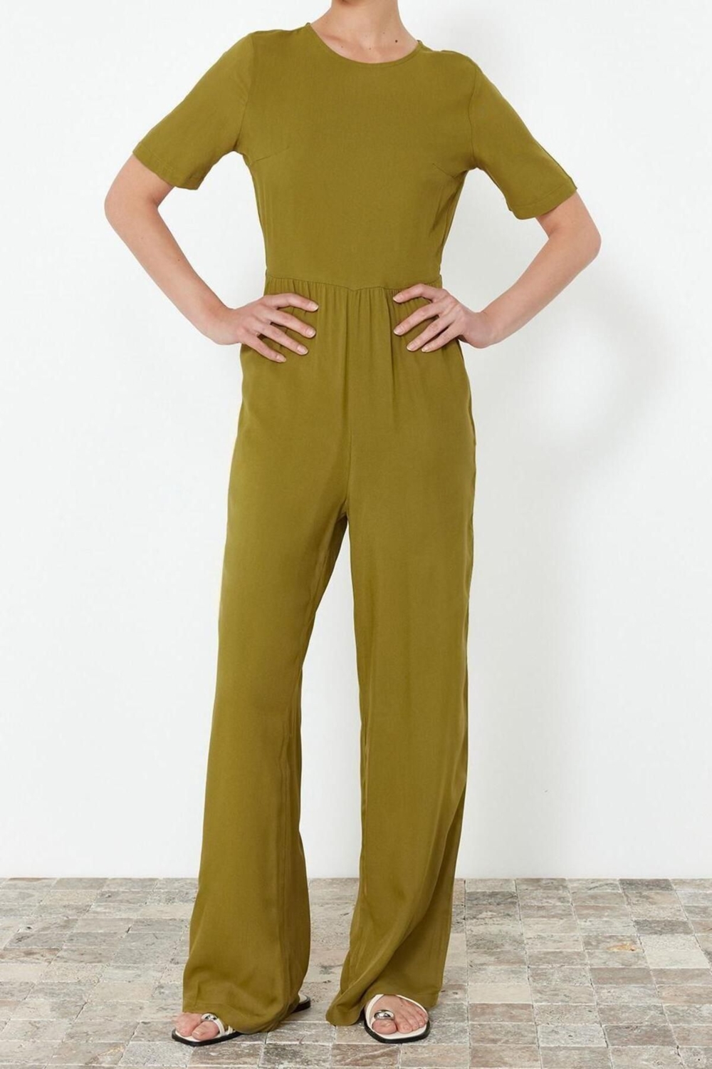 Kadın Moda Geniş Paça Bisiklet Yaka Puantiyeli Desen Uzun Desenli Viskon Maxi Dokuma Tulum