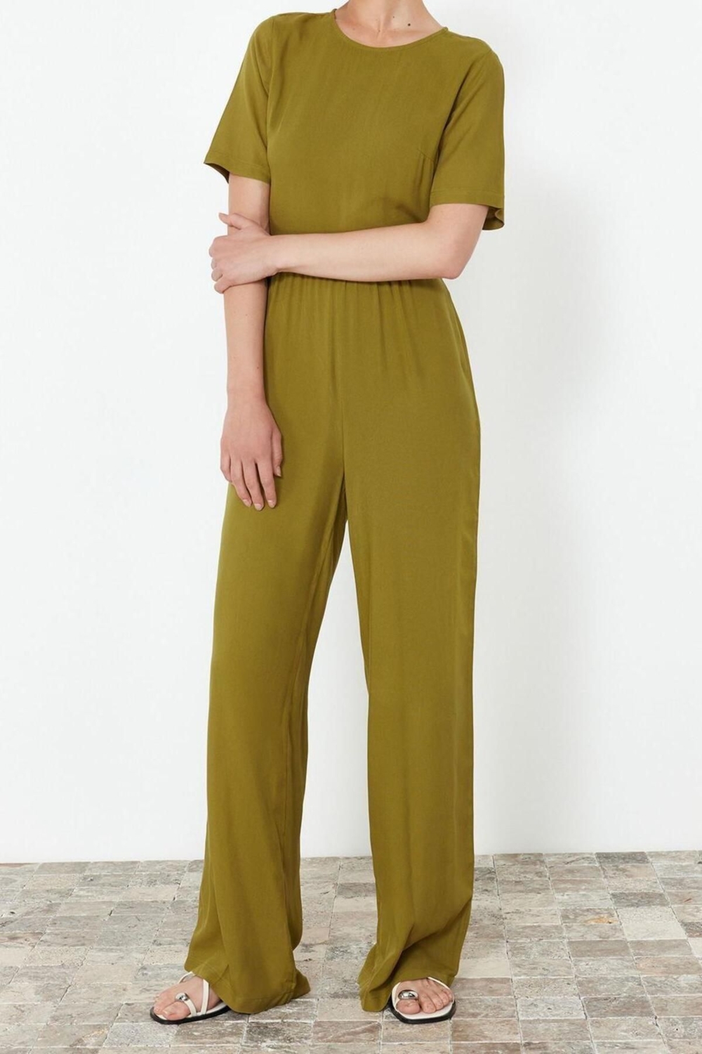 Kadın Moda Geniş Paça Bisiklet Yaka Puantiyeli Desen Uzun Desenli Viskon Maxi Dokuma Tulum