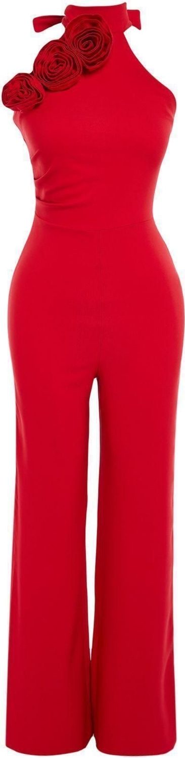 Kadın Moda Standart Kol Geniş Paça Halter Yaka Düz Desen Uzun Gül Detaylı Dokuma Tulum