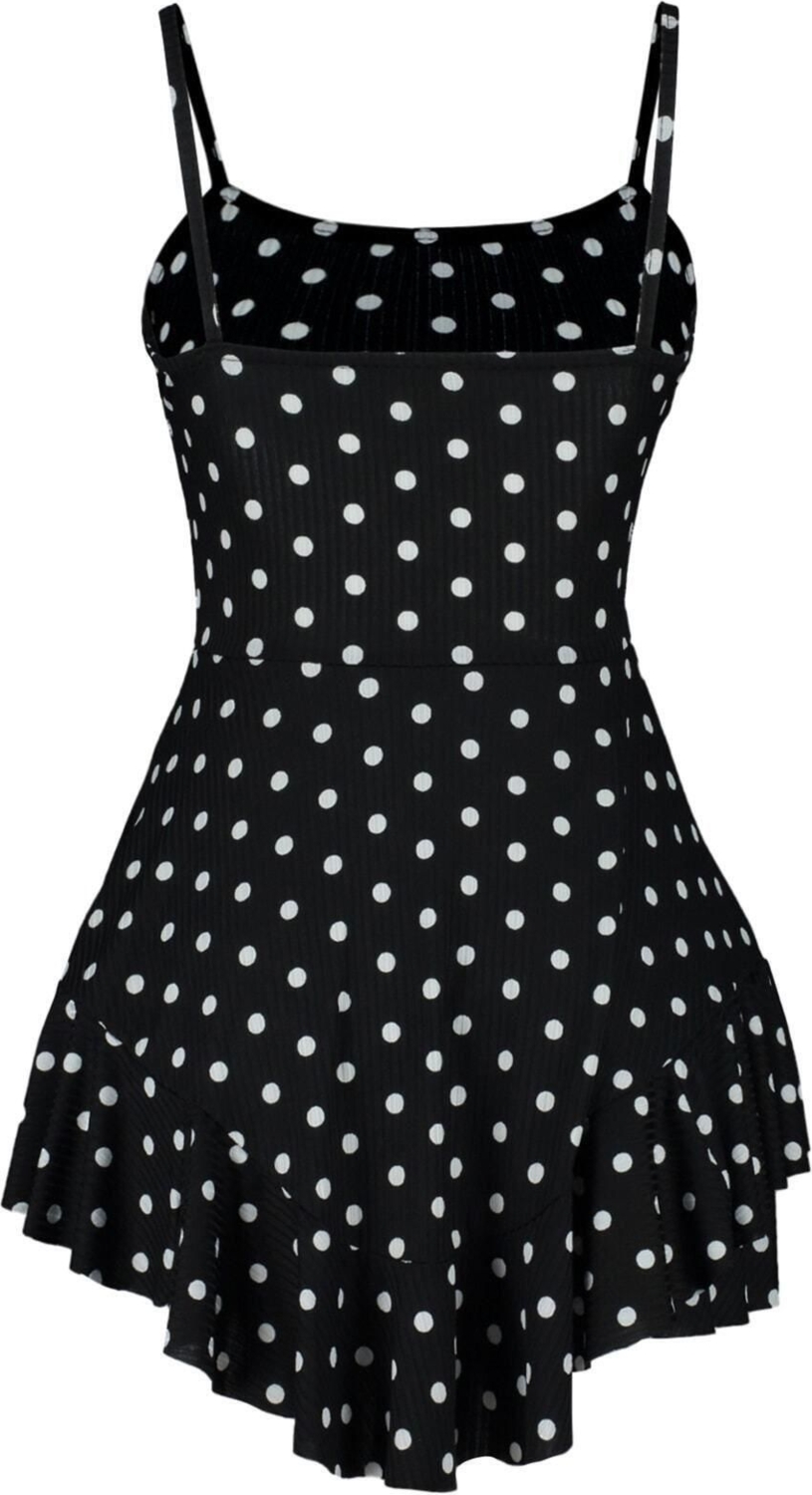 Kadın Moda Dar Paça Kare Yaka Puantiyeli Desen Kısa Baskılı Askılı Volanlı Şortlu Mini Örme Tulum
