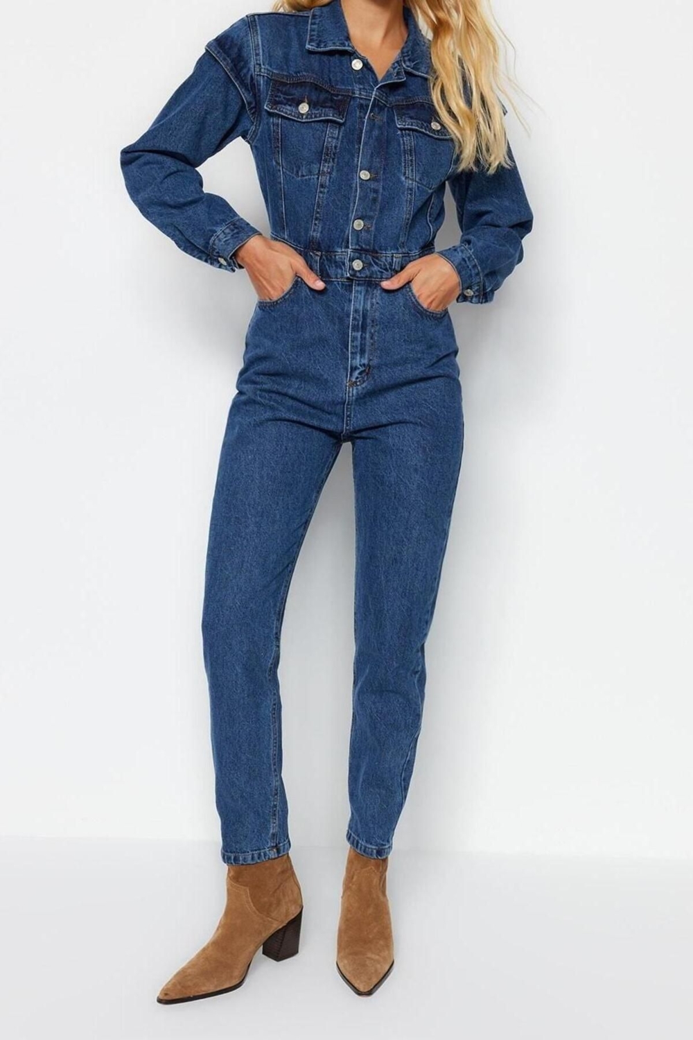 Kadın Moda Standart Kol Dar Paça Ceket Yaka Regular Dikiş Detaylı Denim Tulum