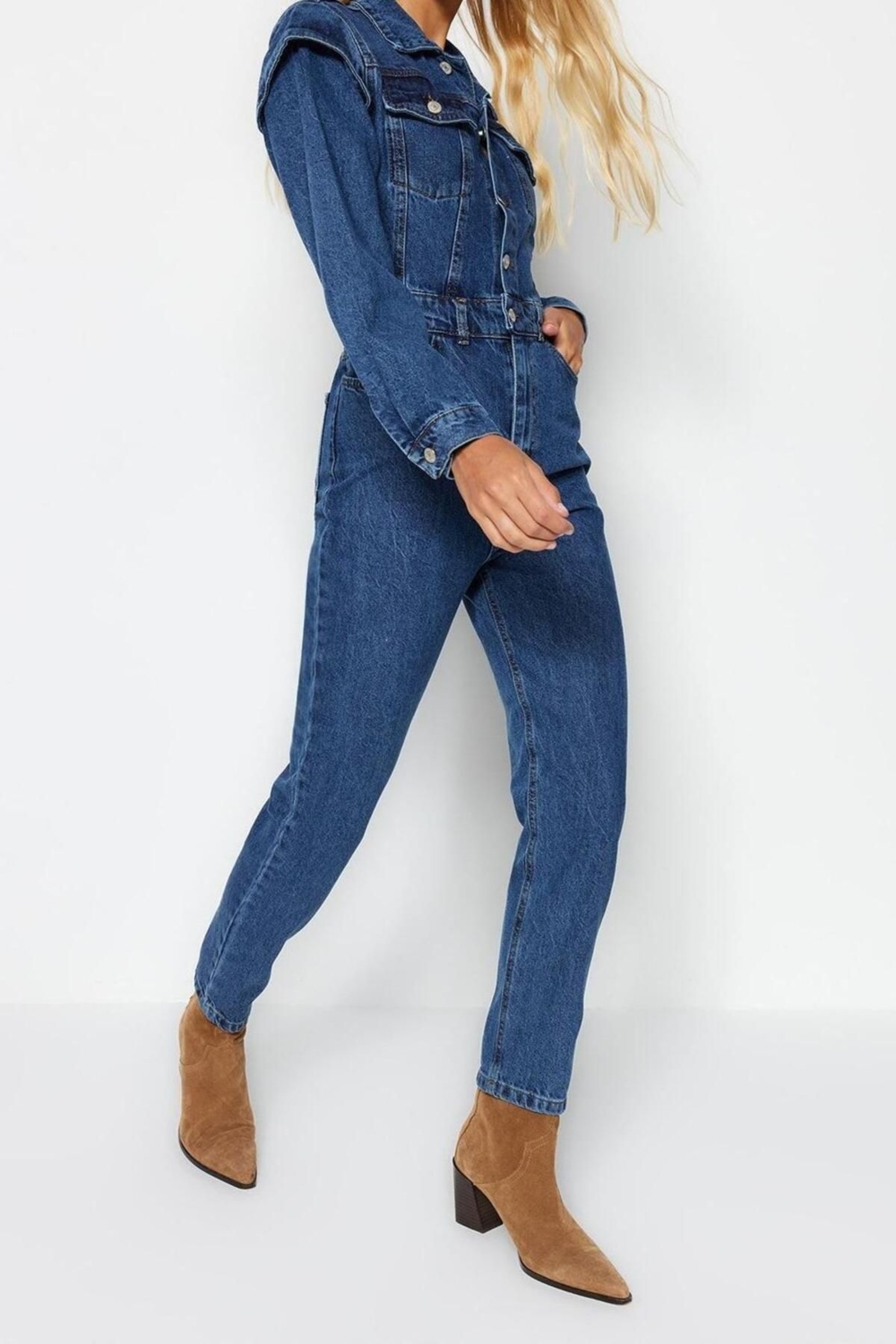 Kadın Moda Standart Kol Dar Paça Ceket Yaka Regular Dikiş Detaylı Denim Tulum