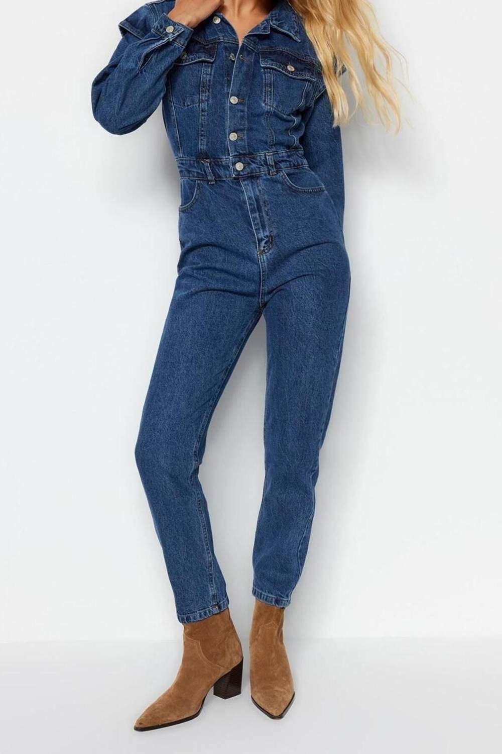 Kadın Moda Standart Kol Dar Paça Ceket Yaka Regular Dikiş Detaylı Denim Tulum