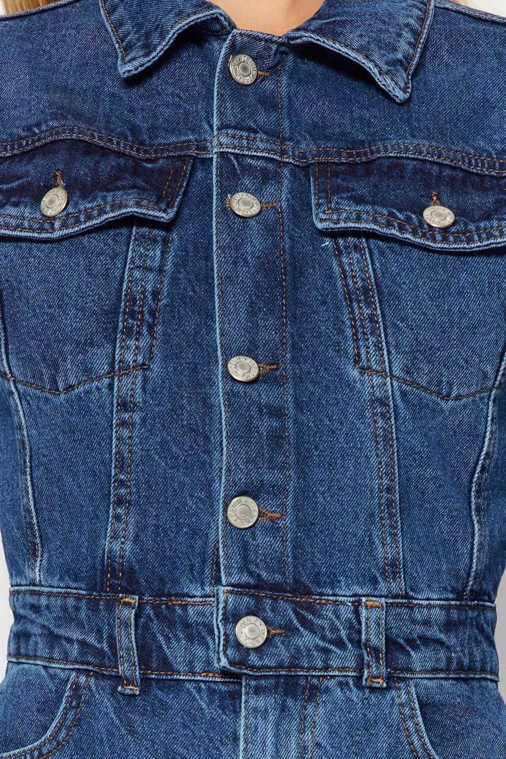 Kadın Moda Standart Kol Dar Paça Ceket Yaka Regular Dikiş Detaylı Denim Tulum