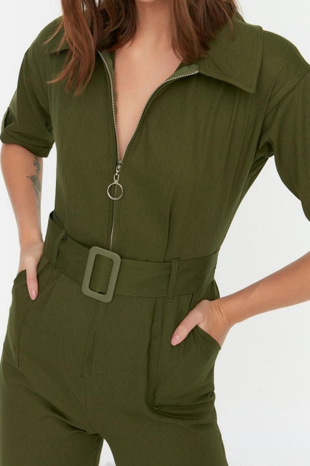 Kadın Moda Standart Kol Geniş Paça Gömlek Yaka Düz Desen Uzun Kemerli Fermuar Detaylı Dokuma Tulum