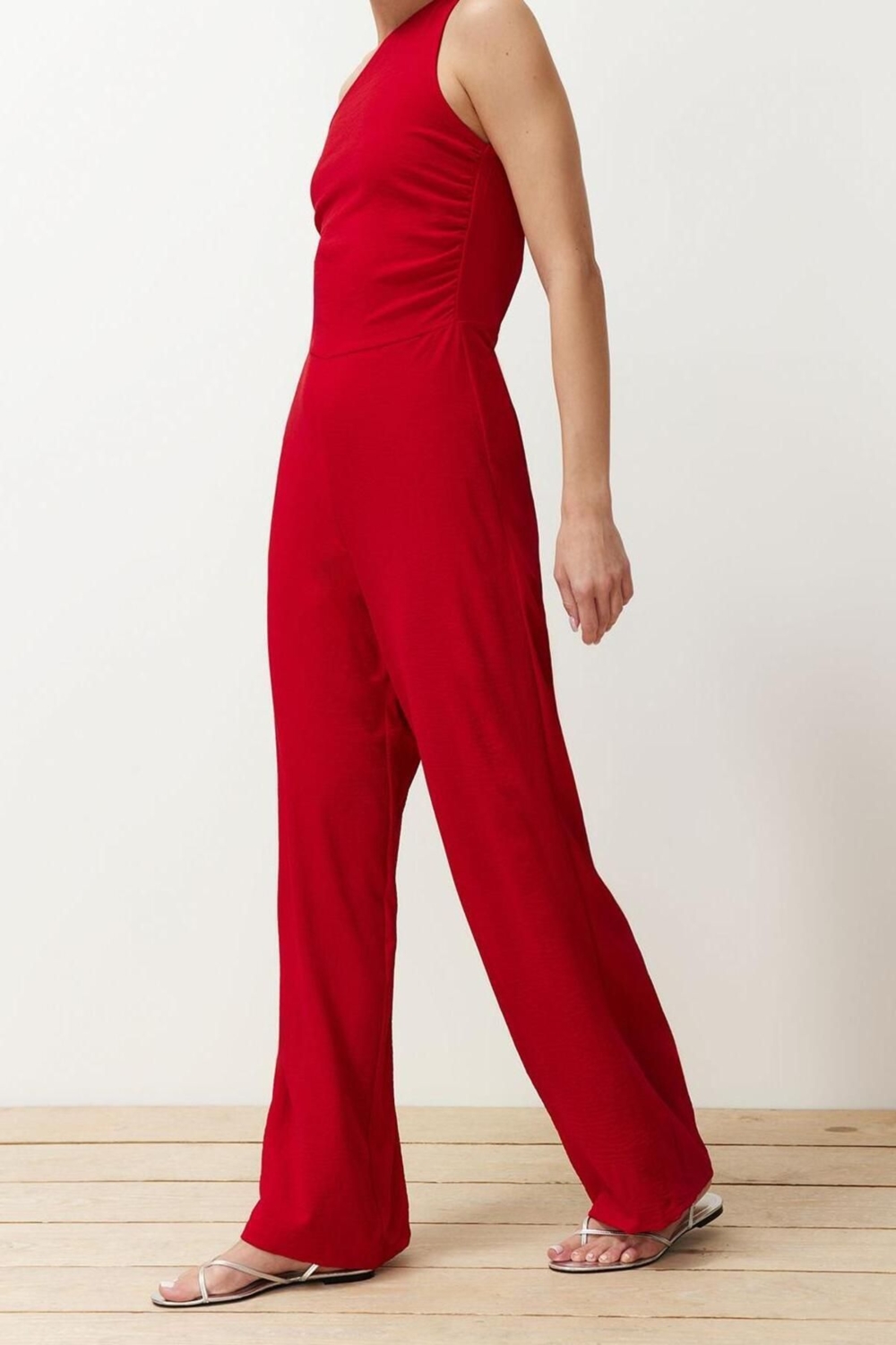 Kadın Moda Tek Kol Boru Paça Asimetrik Yaka Düz Desen Uzun Tek Omuz Maxi Geniş Paça Dokuma Tulum