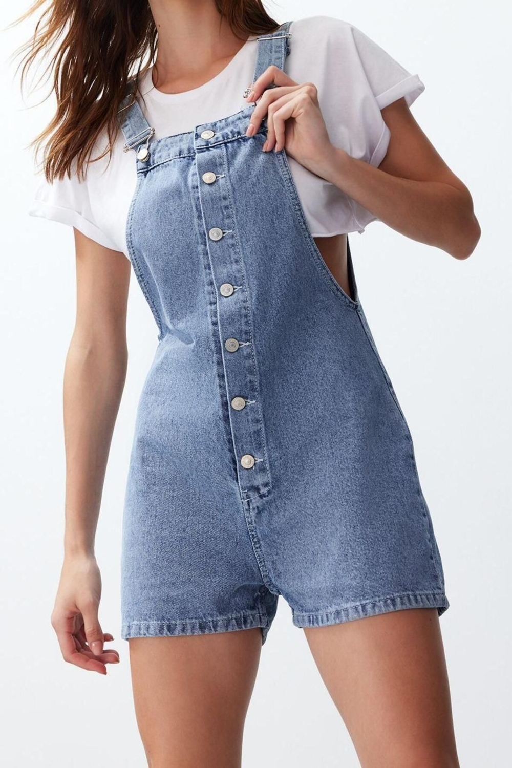 Kadın Moda Standart Kol Boru Paça Kare Yaka Düz Desen Regular Kısa Denim Tulum