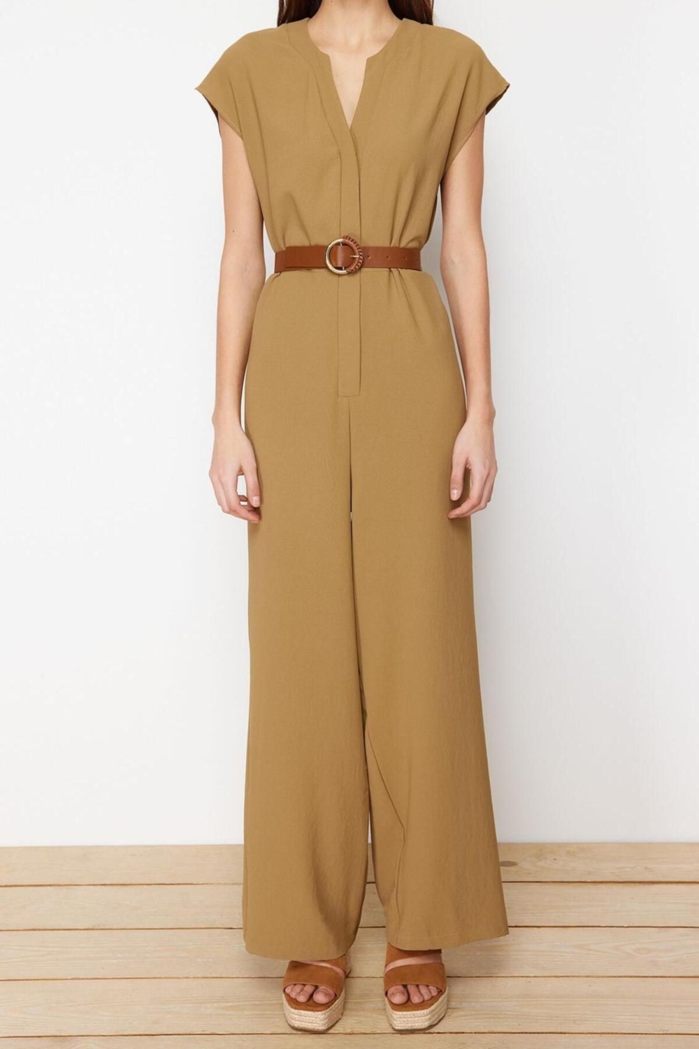 Kadın Moda Standart Kol Geniş Paça Bisiklet Yaka Uzun Kemerli Kruvaze Yaka Kolsuz Maxi Dokuma Tulum
