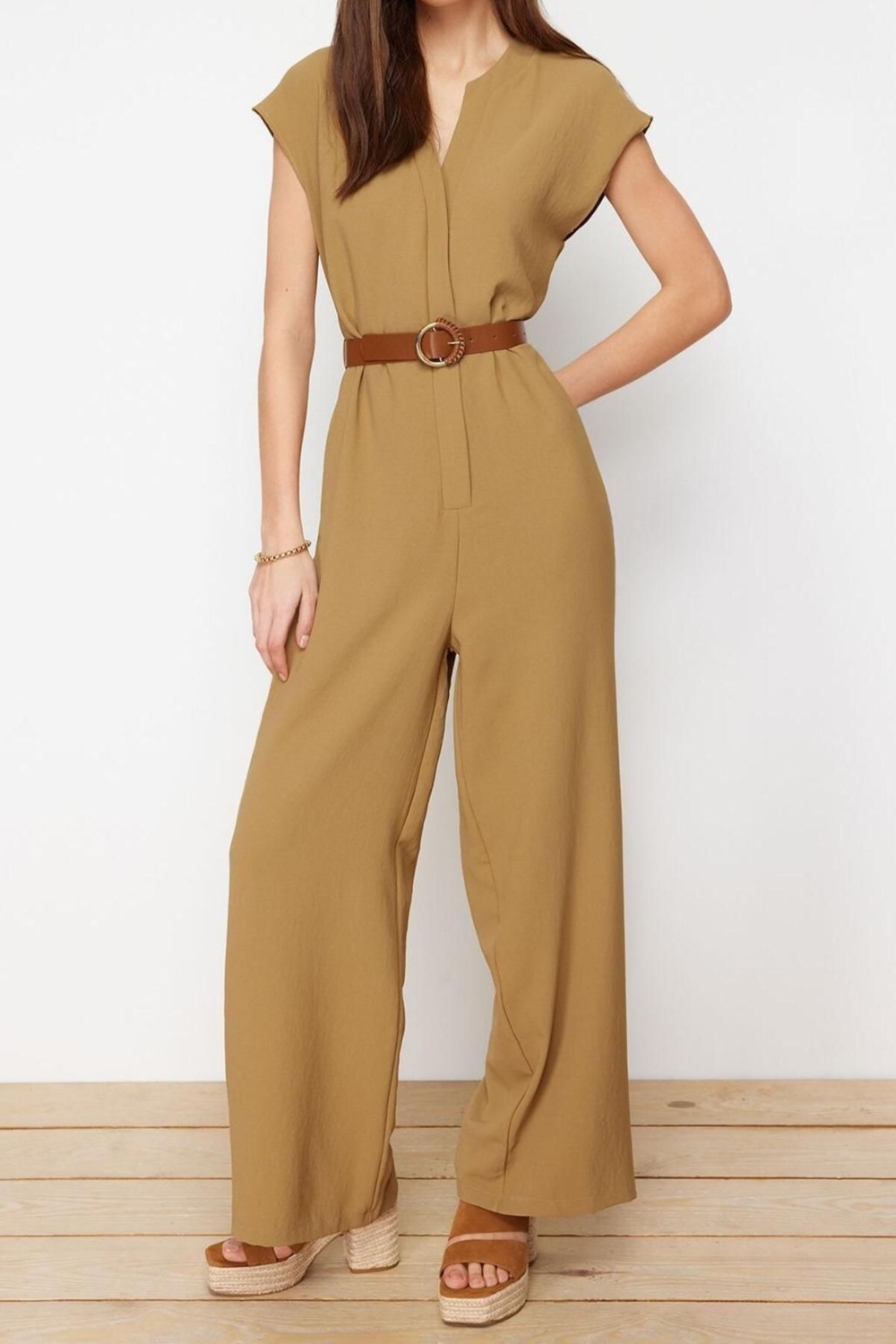 Kadın Moda Standart Kol Geniş Paça Bisiklet Yaka Uzun Kemerli Kruvaze Yaka Kolsuz Maxi Dokuma Tulum