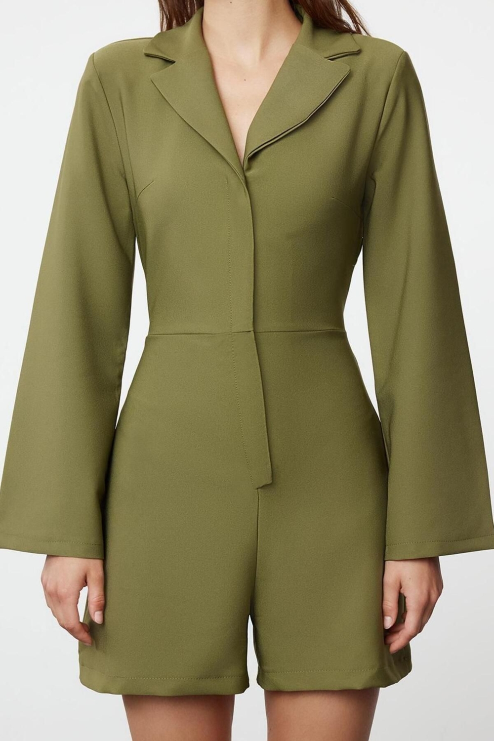 Kadın Moda Boru Paça Ceket Yaka Kısa Kemerl Ceket Yaka Fermuar Detaylı Mini Dokuma Tulum