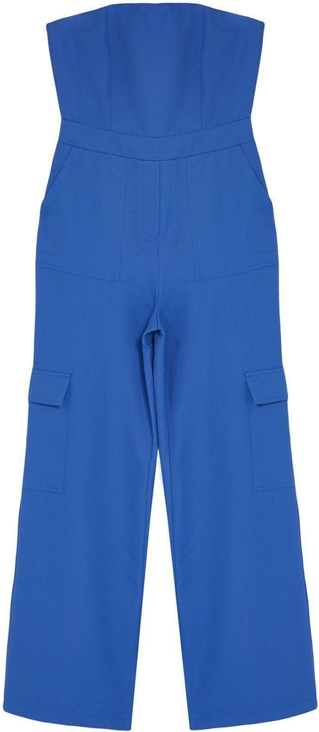 Kadın Moda Standart Kol Geniş Paça Straplez Uzun Kargo Cepli Straplez Yaka Maxi Dokuma Tulum