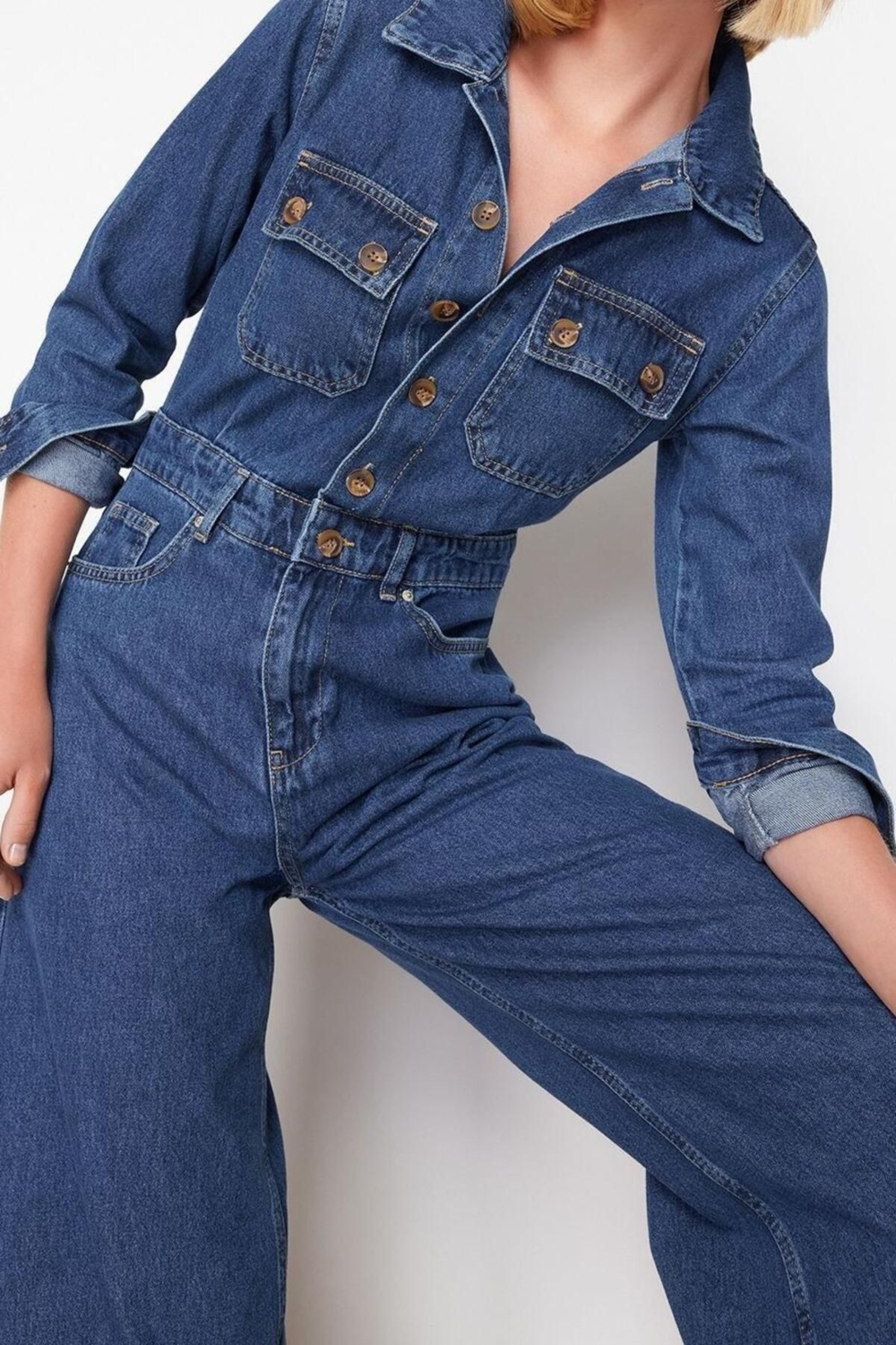 Kadın Moda Standart Kol Geniş Paça Ceket Yaka Düz Desen Regular Denim Tulum