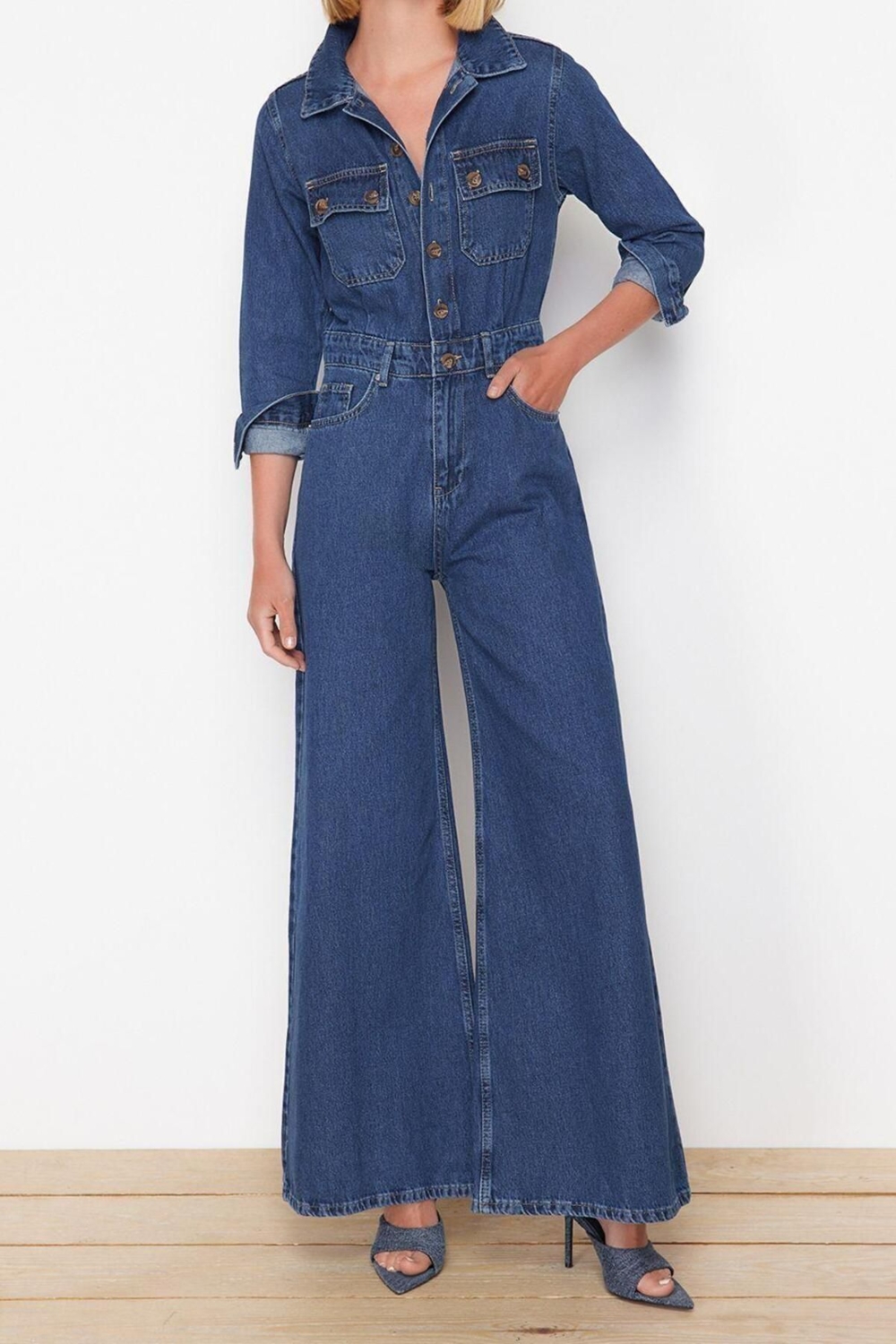 Kadın Moda Standart Kol Geniş Paça Ceket Yaka Düz Desen Regular Denim Tulum