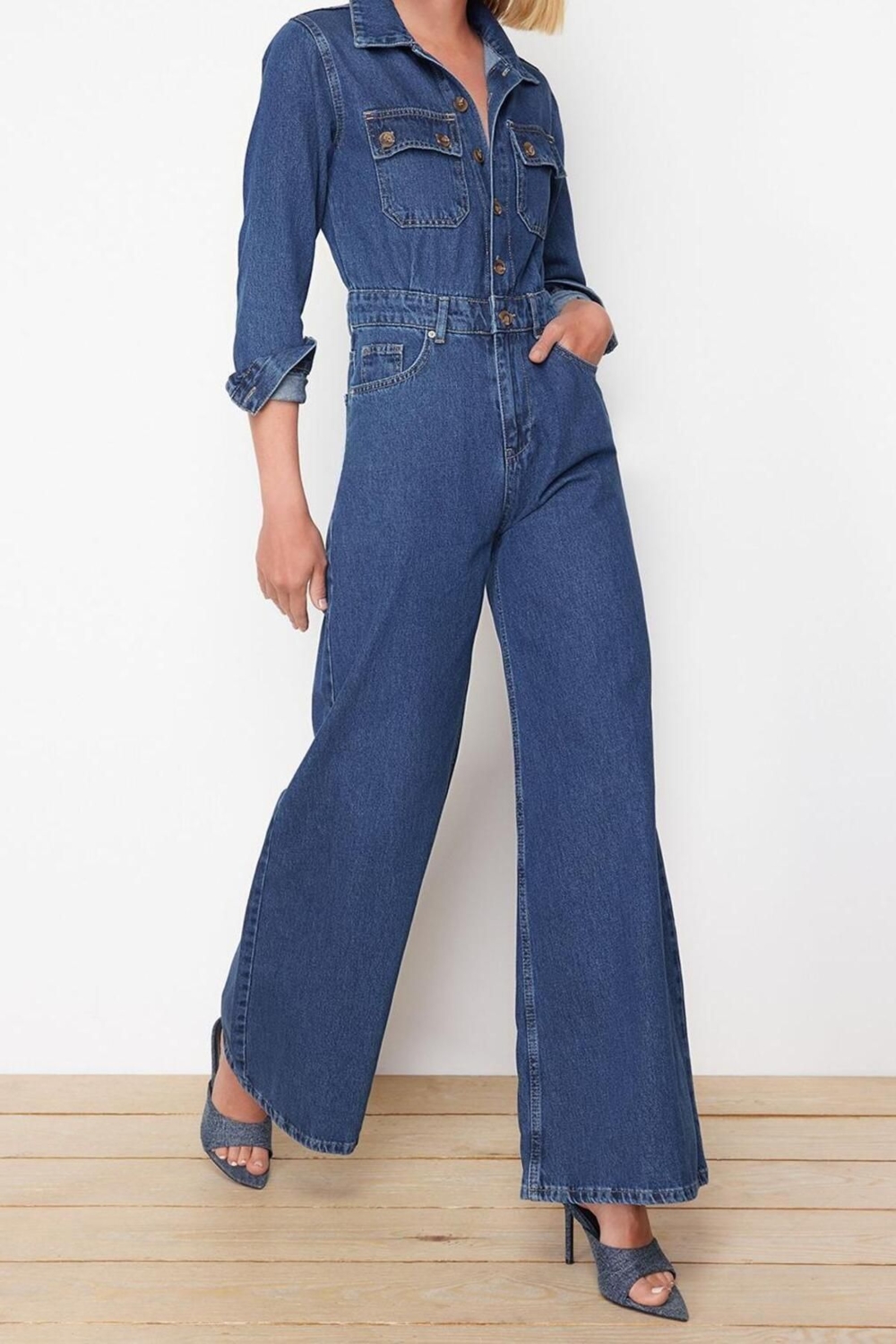 Kadın Moda Standart Kol Geniş Paça Ceket Yaka Düz Desen Regular Denim Tulum