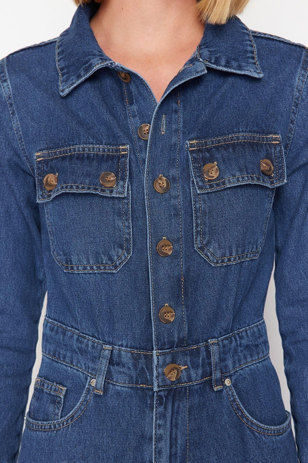 Kadın Moda Standart Kol Geniş Paça Ceket Yaka Düz Desen Regular Denim Tulum