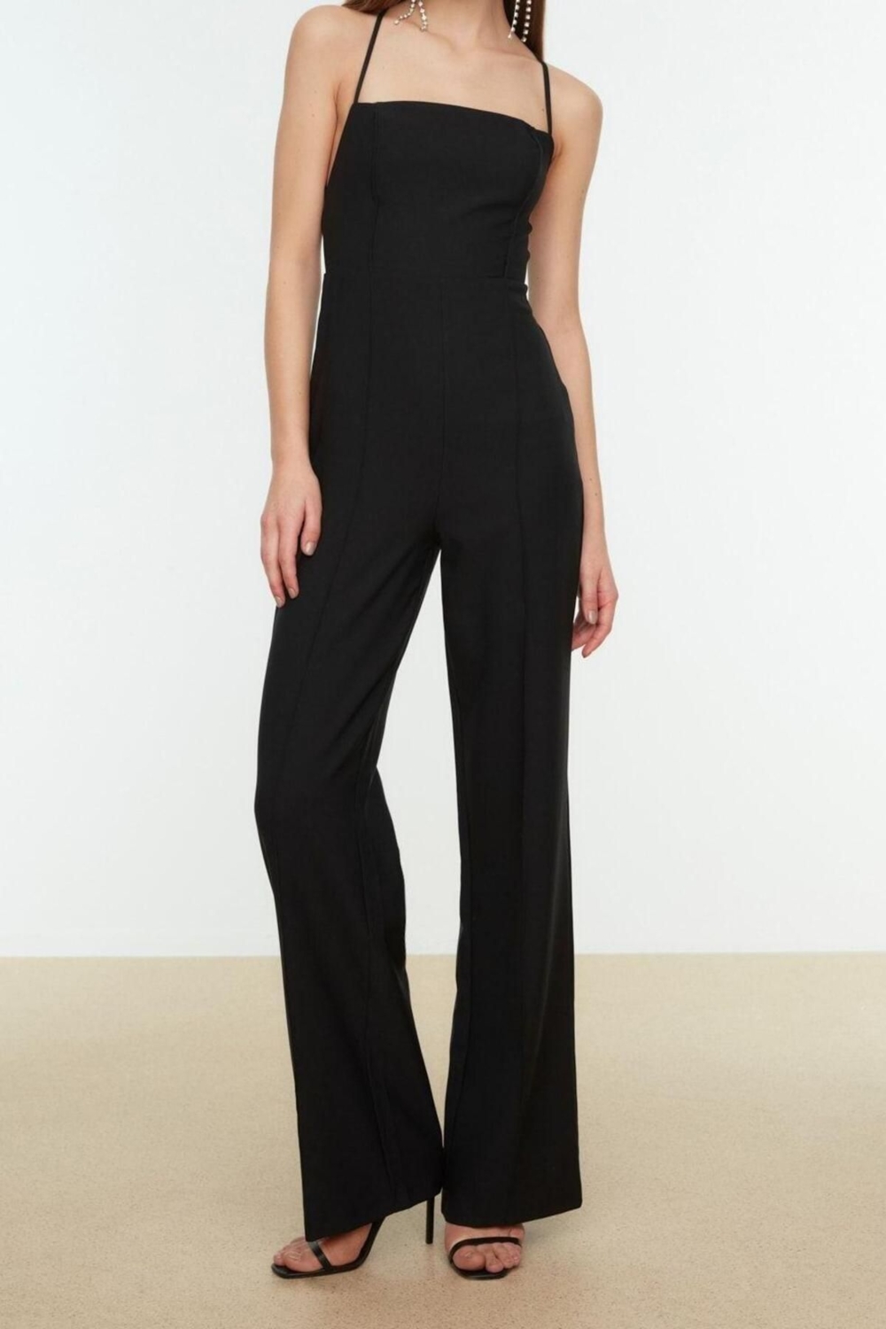 Kadın Moda Standart Kol Geniş Paça Kare Yaka Düz Desen Regular Dokuma Tulum