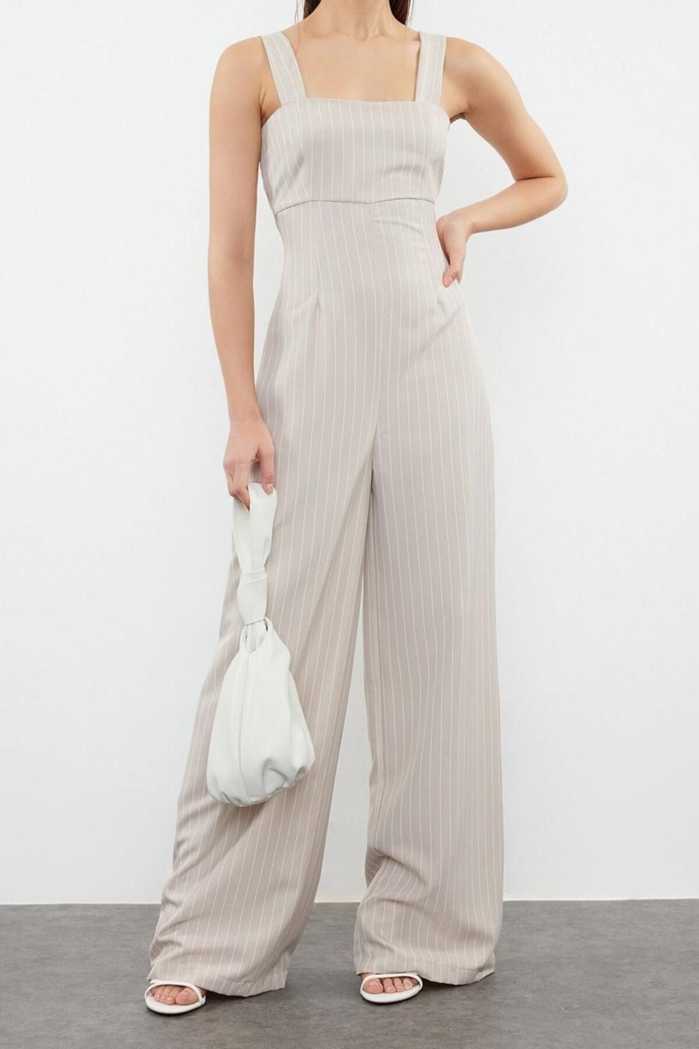 Kadın Moda Askılı Geniş Paça Kare Yaka Çizgili Desen Maxi Askılı Maxi Dokuma Tulum