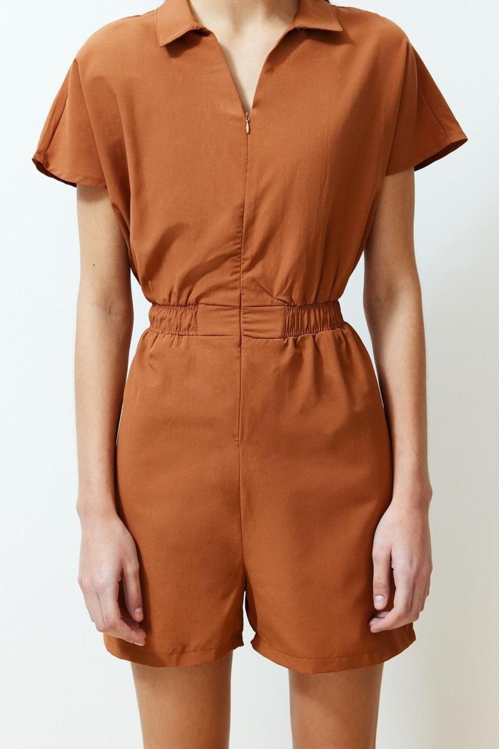 Kadın Moda Standart Kol Geniş Paça Gömlek Yaka Kısa Beli Lastikli Geniş Paça Mini Dokuma Tulum