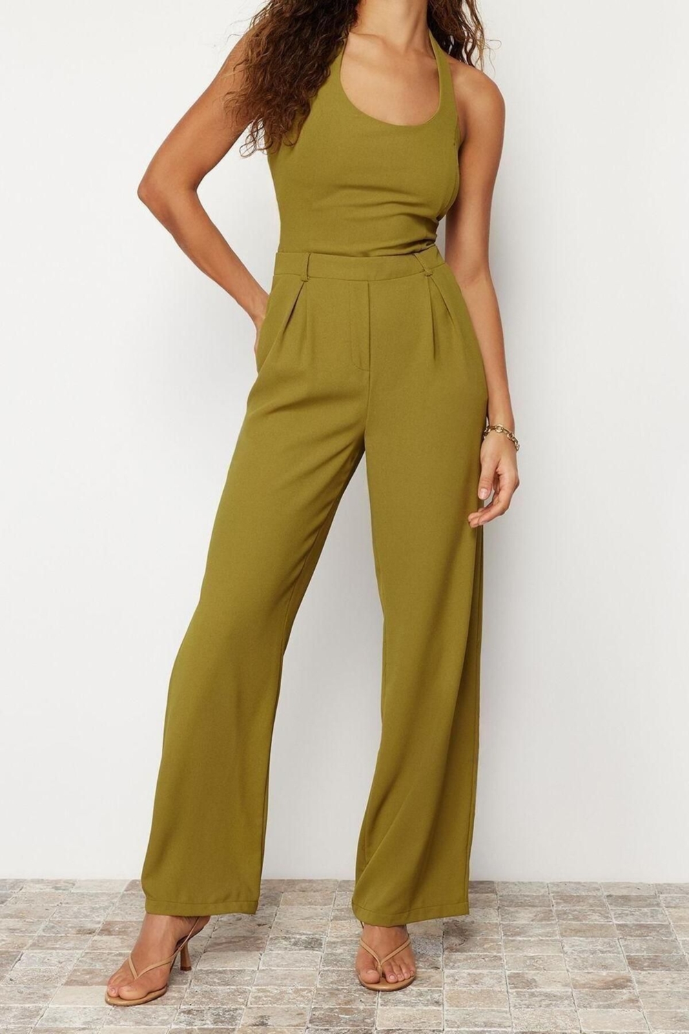 Kadın Moda Standart Kol Geniş Paça Bisiklet Yaka Düz Desen Uzun Maxi Krep Maxi Dokuma Tulum