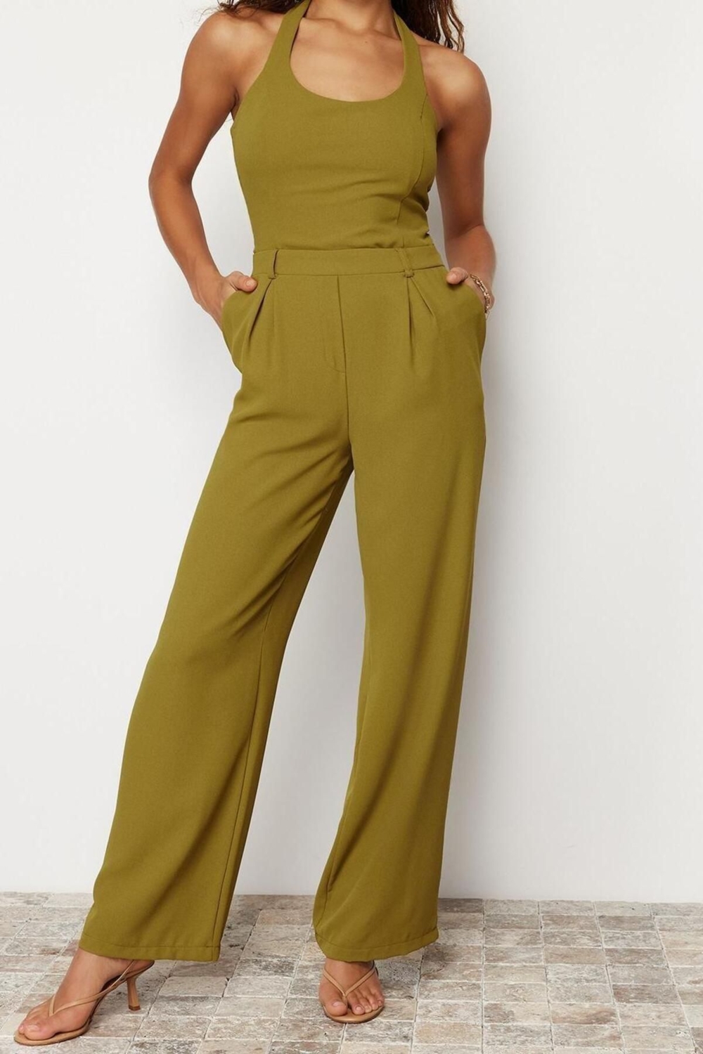 Kadın Moda Standart Kol Geniş Paça Bisiklet Yaka Düz Desen Uzun Maxi Krep Maxi Dokuma Tulum