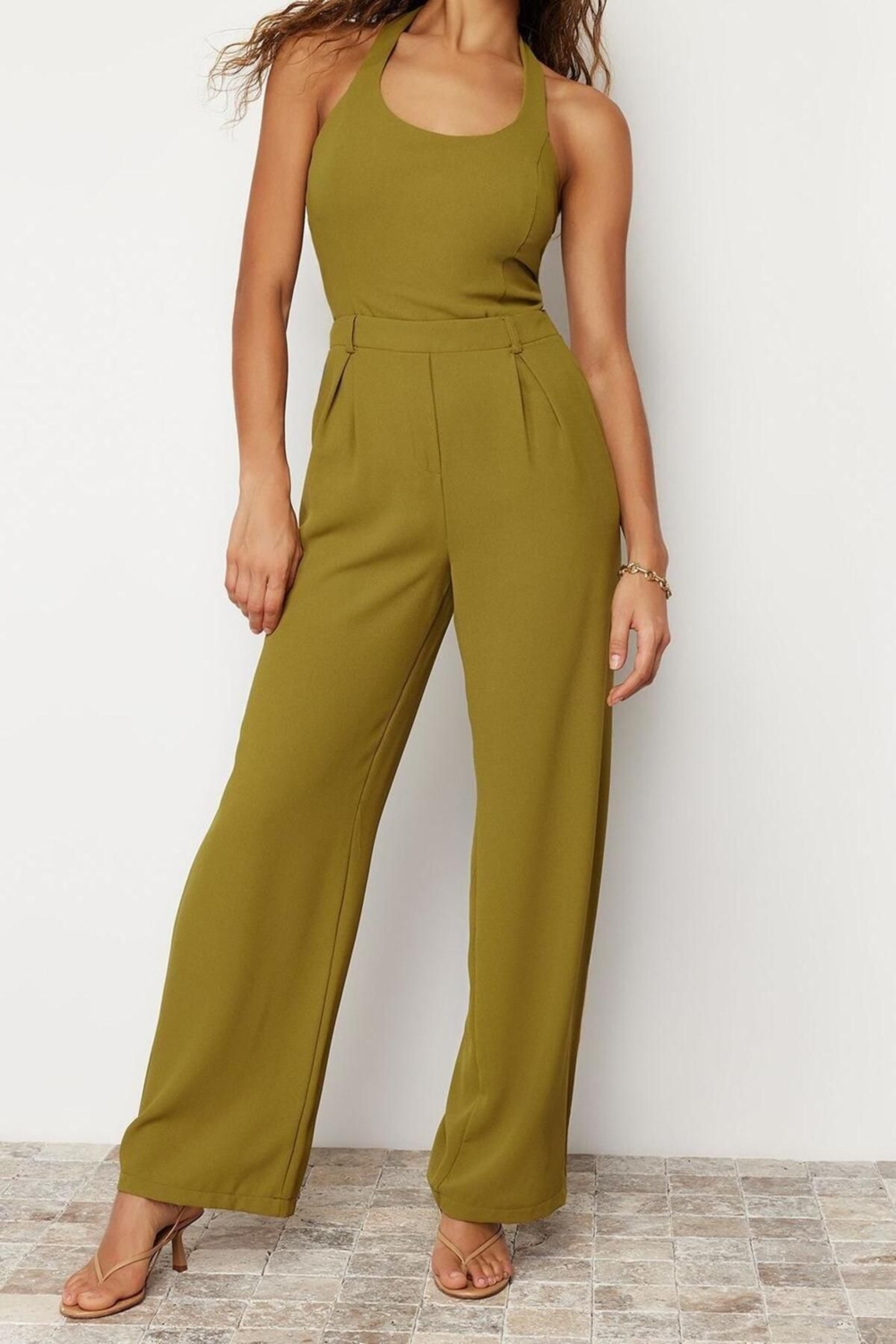Kadın Moda Standart Kol Geniş Paça Bisiklet Yaka Düz Desen Uzun Maxi Krep Maxi Dokuma Tulum