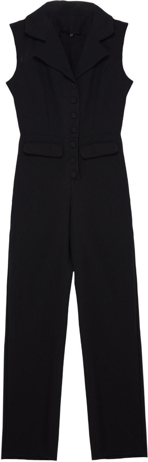 Kadın Moda Standart Kol Geniş Paça Ceket Yaka Düz Desen Uzun Ceket Yaka Detaylı Maxi Dokuma Tulum
