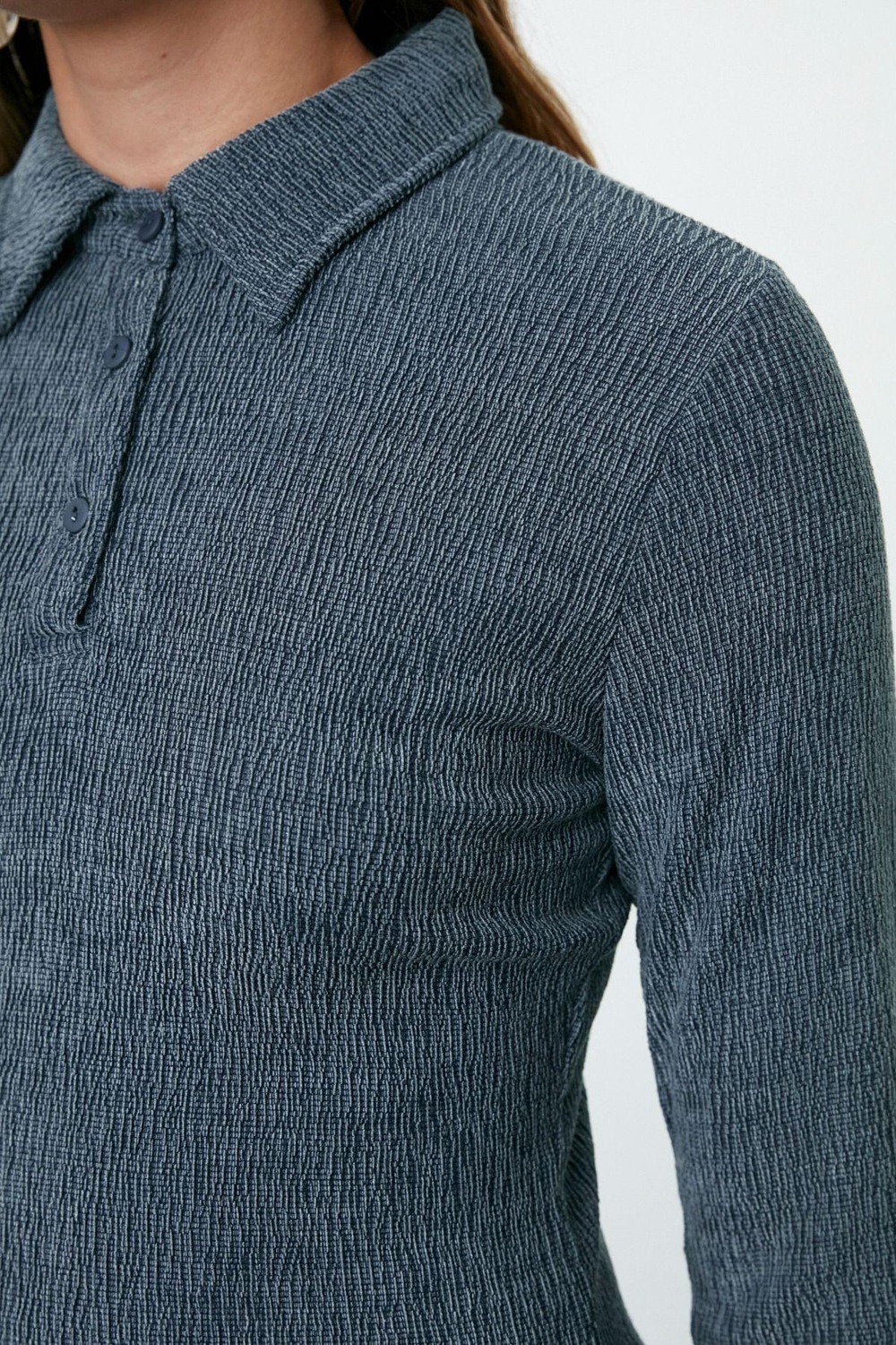 Moda Stil Fitted Polo Yaka Maxi Boy Düz Bodycone Vücuda Oturan Dokulu Düğme Detaylı Örme Elbise