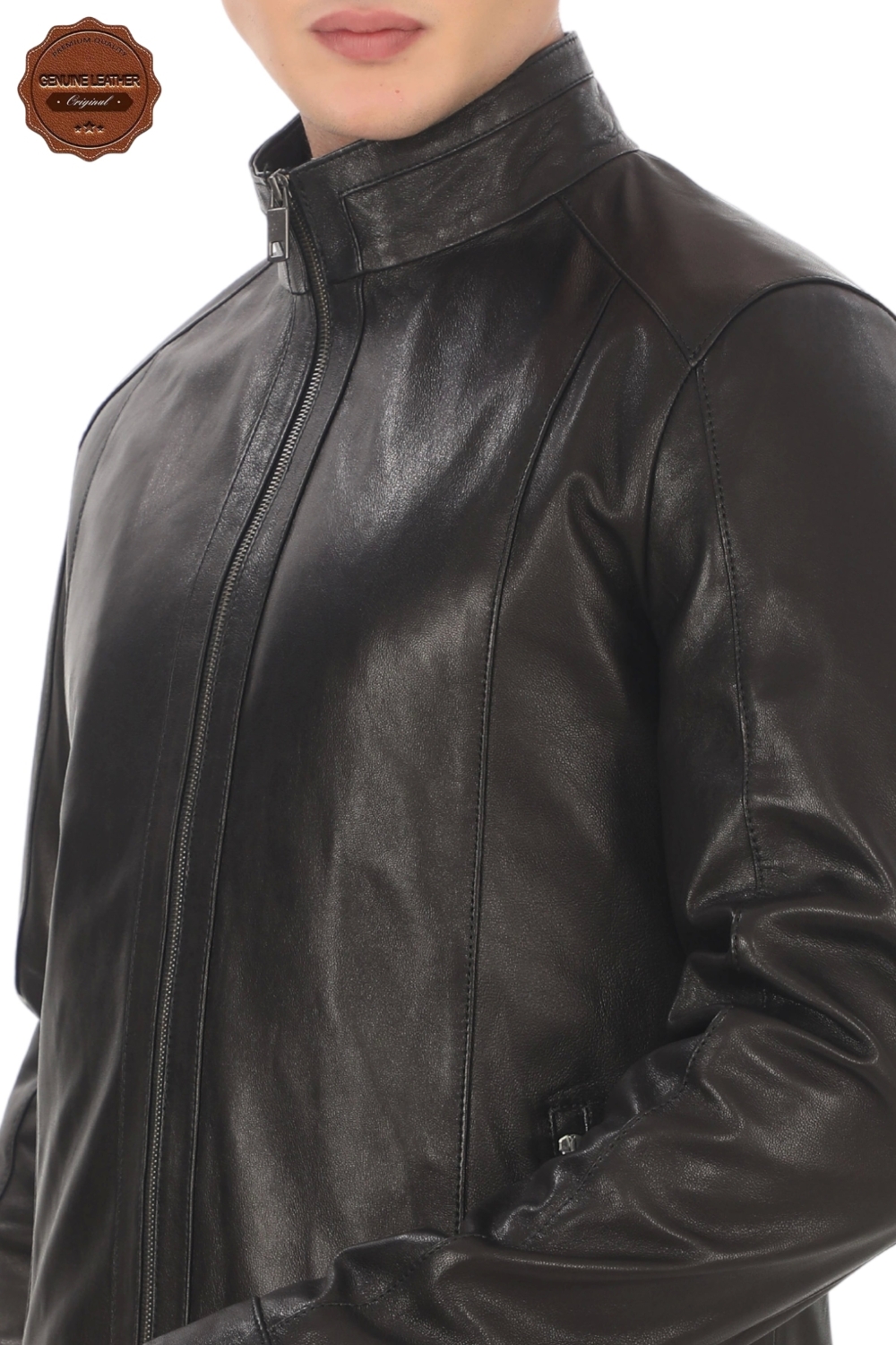 Erkek Hakiki Kuzu Derisi Mont Slim Fit Siyah Biker Ceket Fermuarlı Dik Yaka Deri Dış Giyim