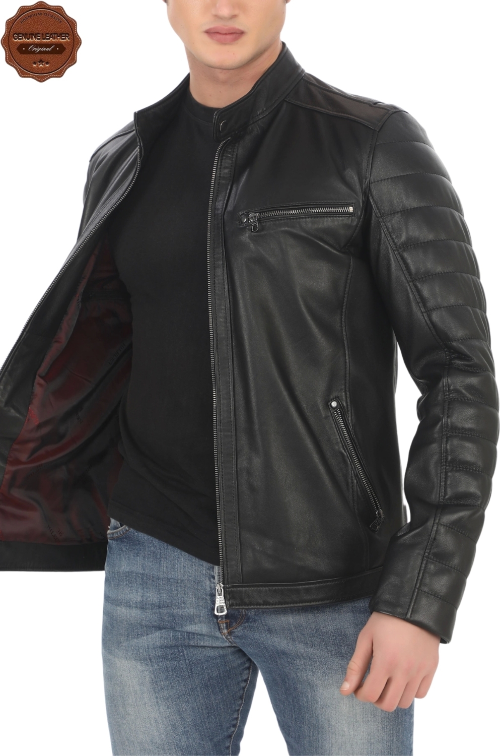 Erkek Hakiki Kuzu Derisi Ceket Siyah Biker Mont Kapitone Kollu Slim Fit El Yapımı Şık Deri Ceket