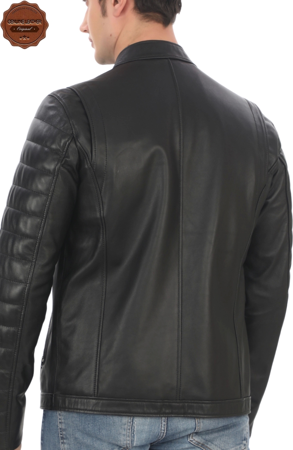 Erkek Hakiki Kuzu Derisi Ceket Siyah Biker Mont Kapitone Kollu Slim Fit El Yapımı Şık Deri Ceket