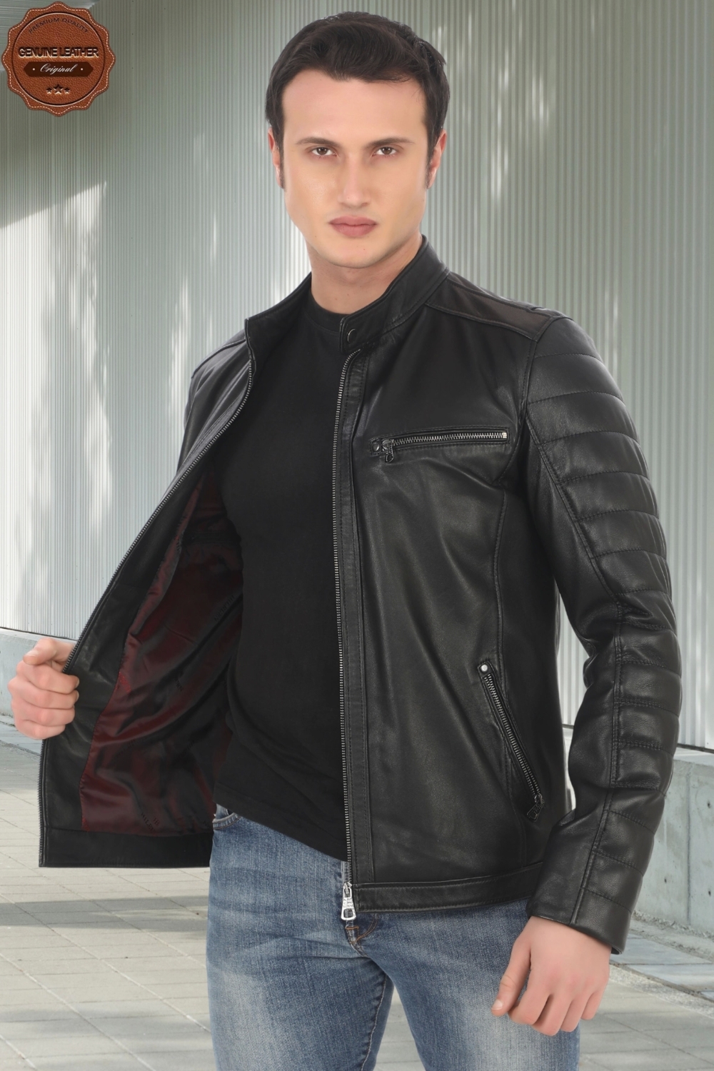 Erkek Hakiki Kuzu Derisi Ceket Siyah Biker Mont Kapitone Kollu Slim Fit El Yapımı Şık Deri Ceket