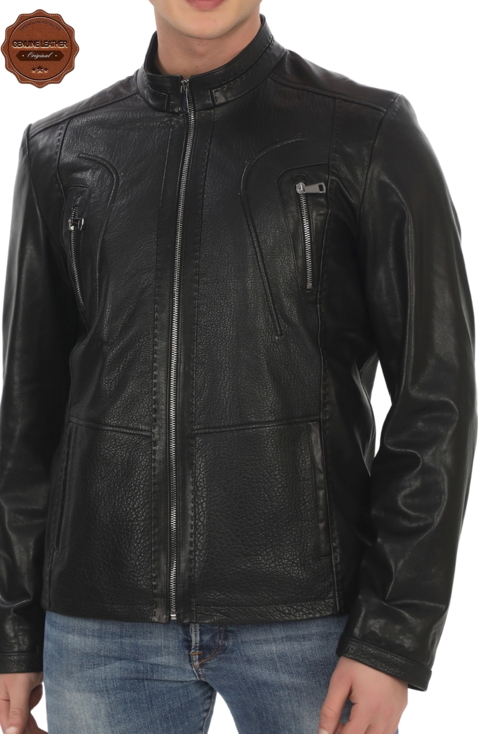 Erkek Hakiki Derimont Siyah Kuzu Derisi Ceket Fermuarlı Cepli El Yapımı Motorcu Tarzı Slim Fit