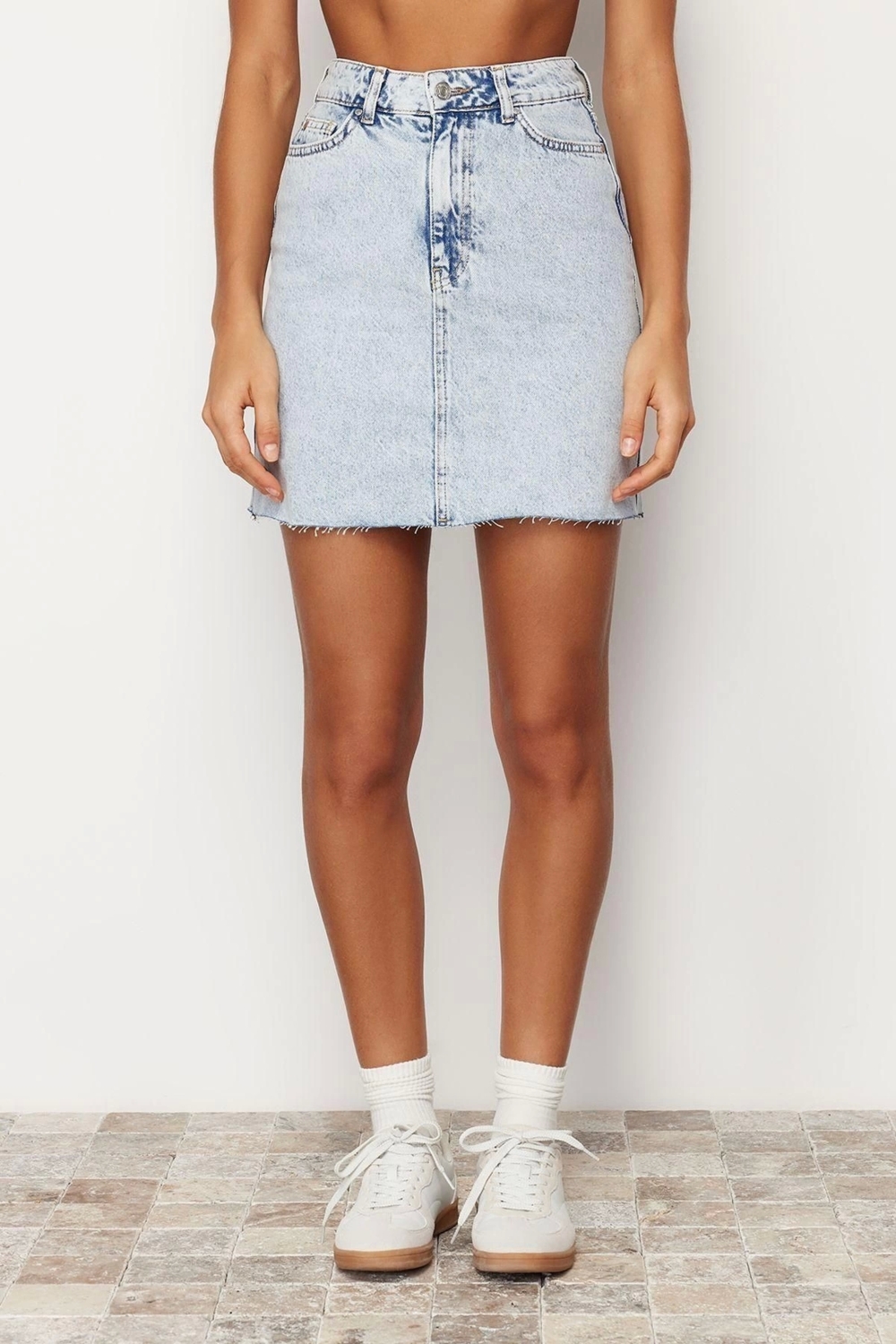 Moda A-line Düz Desen Günlük Mini Boy Yüksek Bel Mini Denim Etek