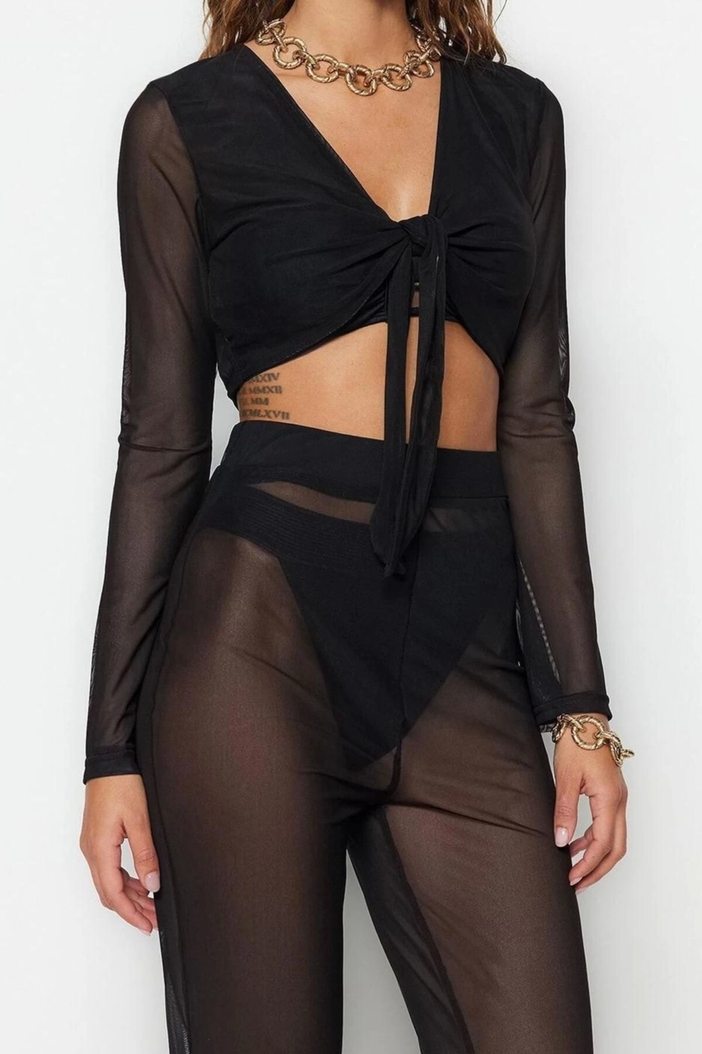 Moda Dokuma Geometrik V Yaka Plaj Siyah Örme Bağlamalı Mesh Bluz Pantolon Takım