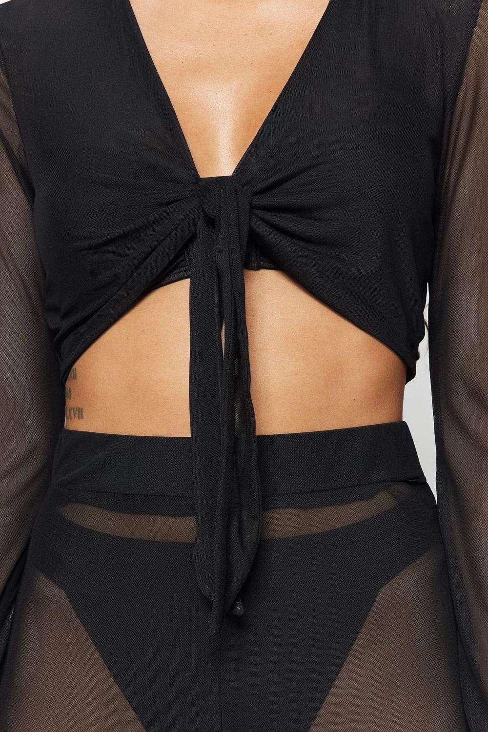 Moda Dokuma Geometrik V Yaka Plaj Siyah Örme Bağlamalı Mesh Bluz Pantolon Takım