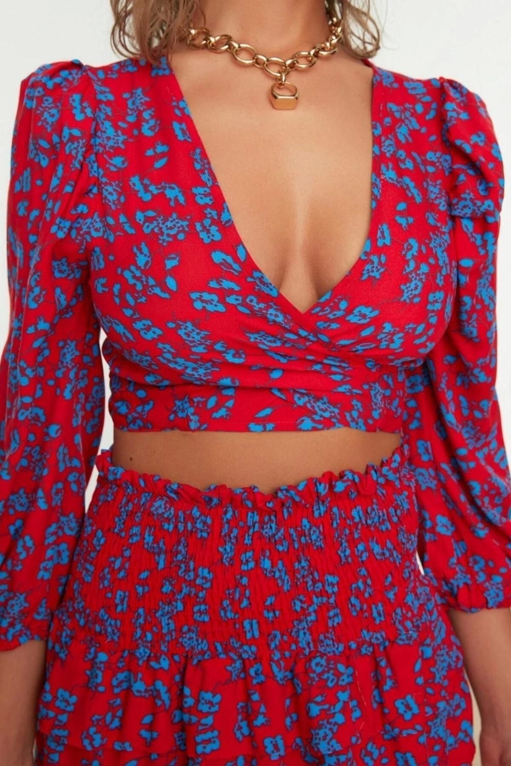 Moda Dokuma Baskılı Bisiklet Yaka Günlük Ev Dokuma Fırfırlı Bluz Etek Takım