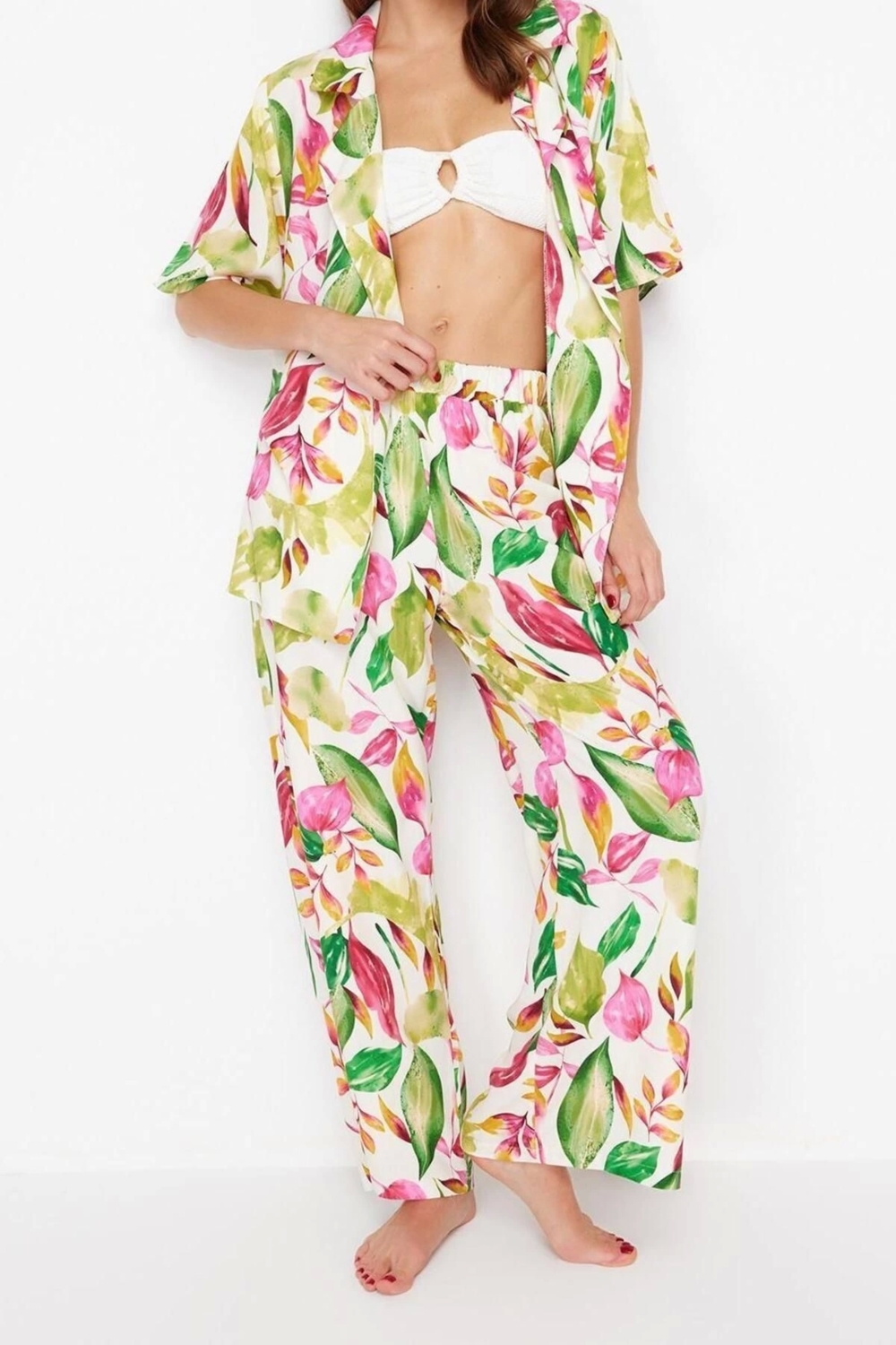 Moda Dokuma Düz Gömlek Yaka Plaj Kuşaklı Dokuma Kimono Pantolon Takım