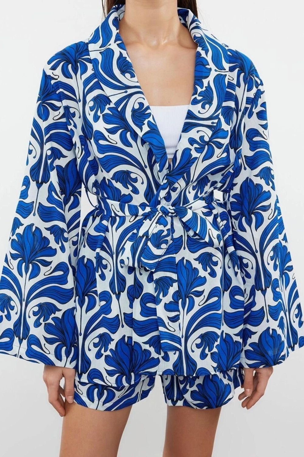 Moda Örme Etnik Gömlek Yaka Plaj Tropikal Desenli Kuşaklı Dokuma %100 Pamuklu Kimono Şort Takım