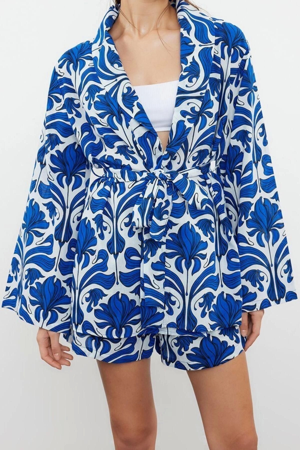 Moda Örme Etnik Gömlek Yaka Plaj Tropikal Desenli Kuşaklı Dokuma %100 Pamuklu Kimono Şort Takım