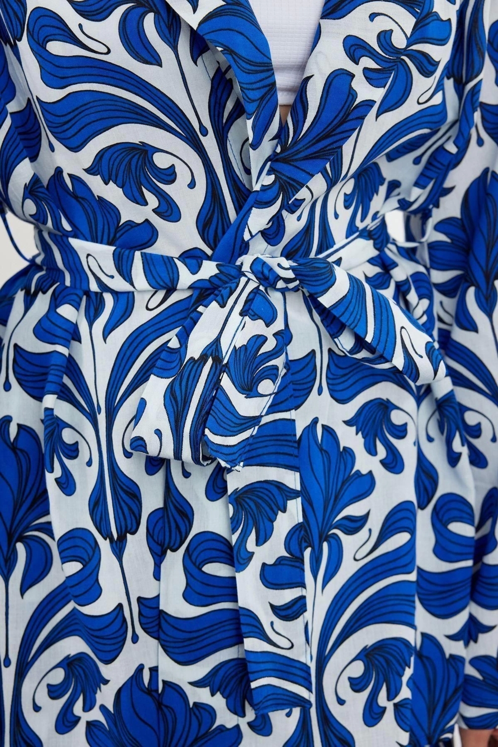 Moda Örme Etnik Gömlek Yaka Plaj Tropikal Desenli Kuşaklı Dokuma %100 Pamuklu Kimono Şort Takım