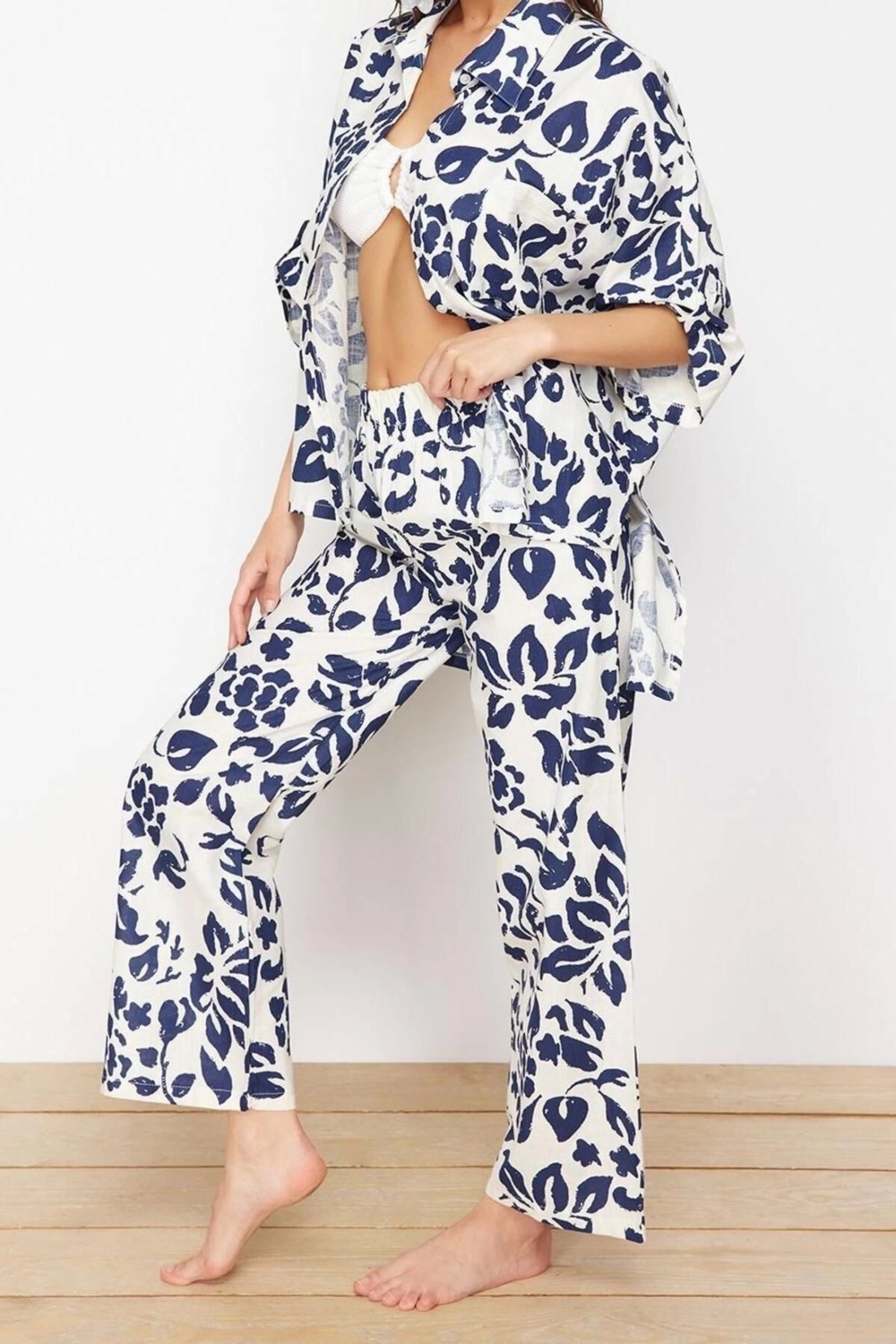 Moda Dokuma Çiçekli Gömlek Yaka Plaj Dokuma Kimono Pantolon Takım