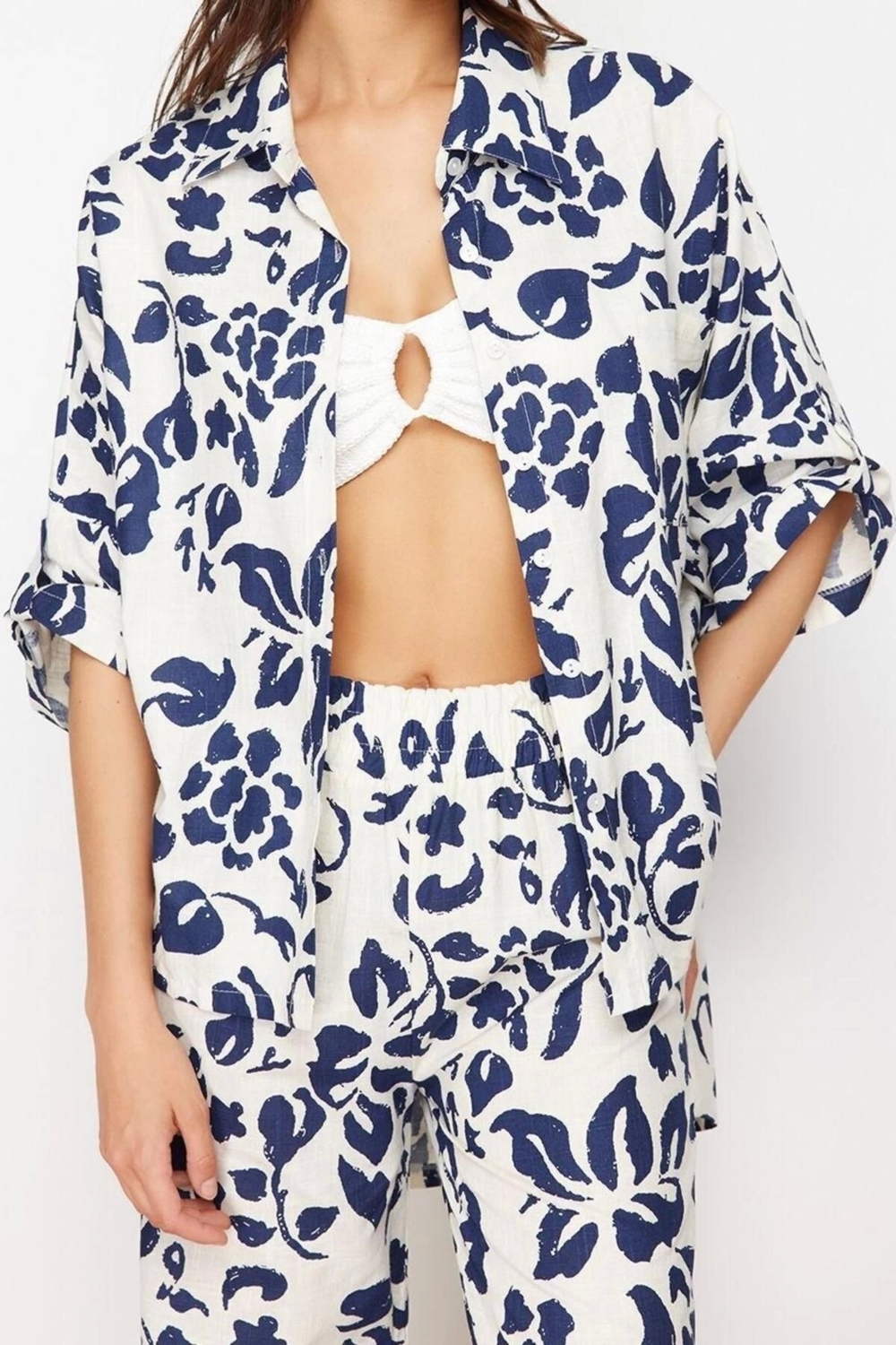 Moda Dokuma Çiçekli Gömlek Yaka Plaj Dokuma Kimono Pantolon Takım
